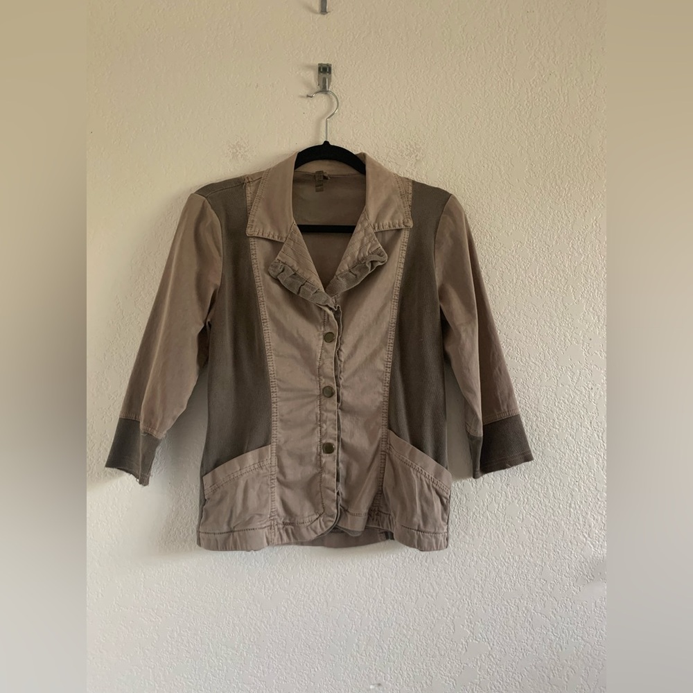 XCVI Women’s Mixed Media Snap Button Front Jacket 3/4 Sleeve Size S M Brown